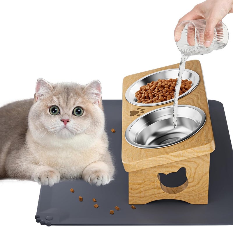 INNVVIS Elevated Cat Bowls with Silicone Mat, 15° Tilted Solid Wood Stand, Raised Stainless Steel Food & Water Dishes for Cats and Small Dogs, Anti-Vomiting Design(Natural) - Image 1